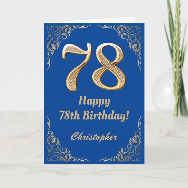 78th Birthday Blue and Gold Glitter Frame Card (Front)