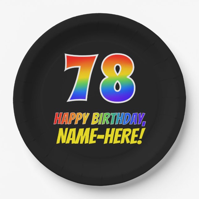 78th Birthday: Bold, Fun, Simple, Rainbow 78 Paper Plates (Front)