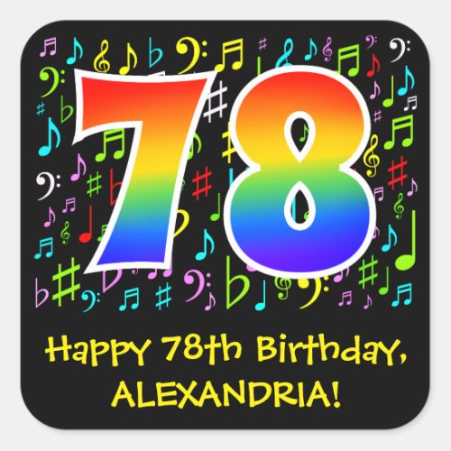 78th Birthday Colorful Music Symbols Rainbow 78 Square Sticker