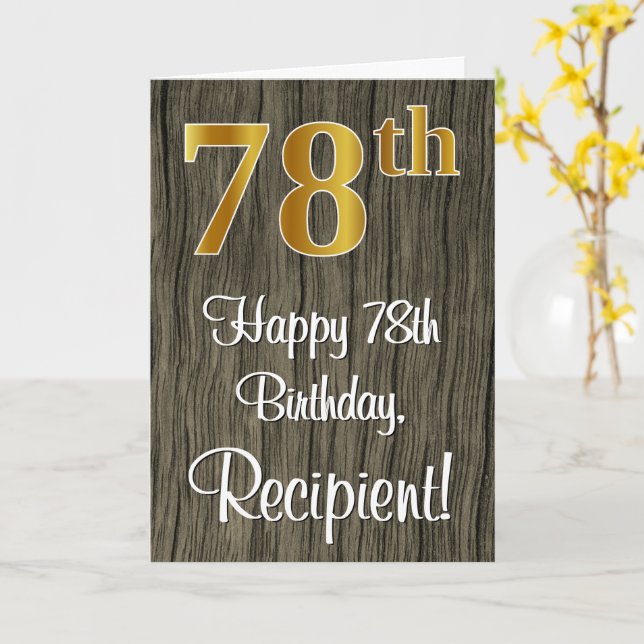 78th Birthday: Elegant Faux Gold Look #, Faux Wood Card (Yellow Flower)