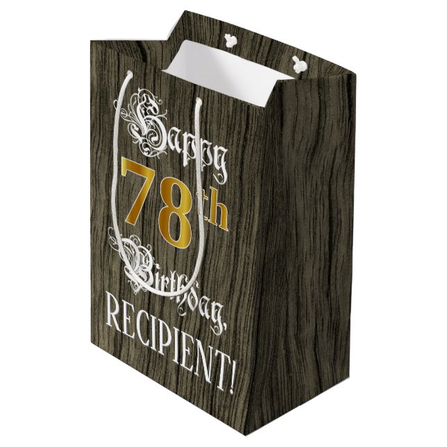 78th Birthday: Faux Gold Look & Faux Wood Pattern Medium Gift Bag (Back Angled)