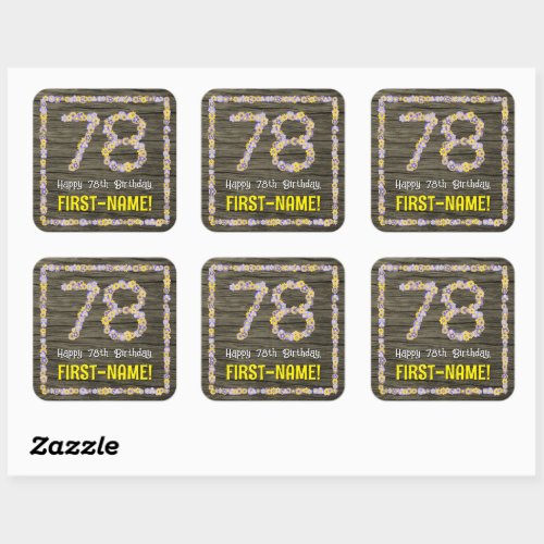 78th Birthday Floral Number Faux Wood Look Name Square Sticker