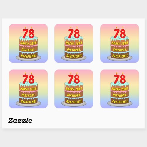 78th Birthday Fun Cake and Candles  Custom Name Square Sticker