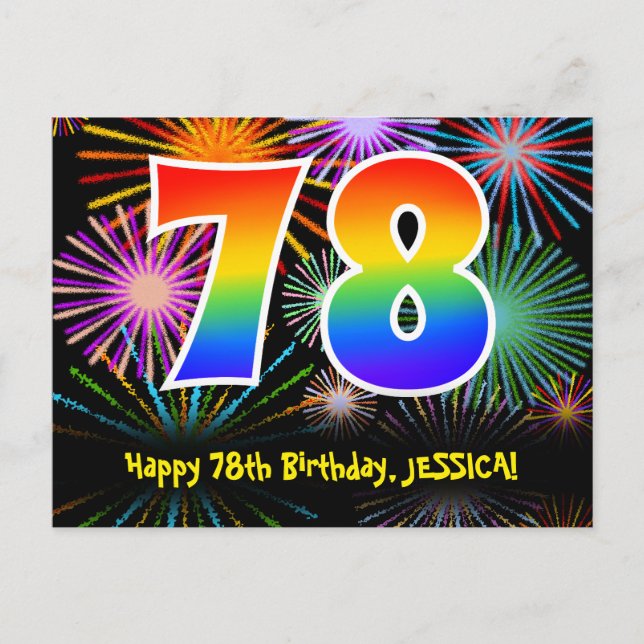 78th Birthday – Fun Fireworks Pattern + Rainbow 78 Postcard (Front)