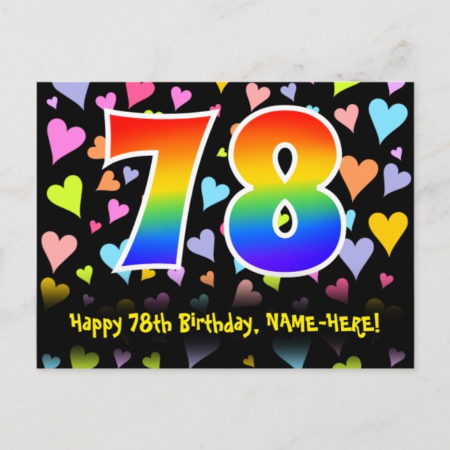 78th Birthday: Fun Hearts Pattern, Rainbow 78 Postcard (Front)