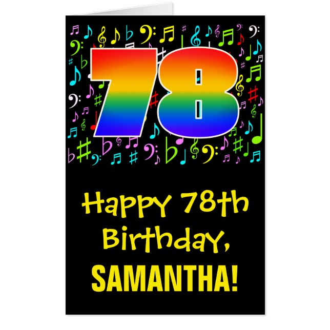 78th Birthday: Fun Music Symbols + Rainbow # 78 Card (Front)
