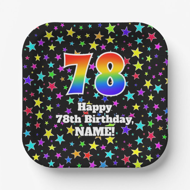 78th Birthday: Fun Stars Pattern and Rainbow “78” Paper Plates (Front)