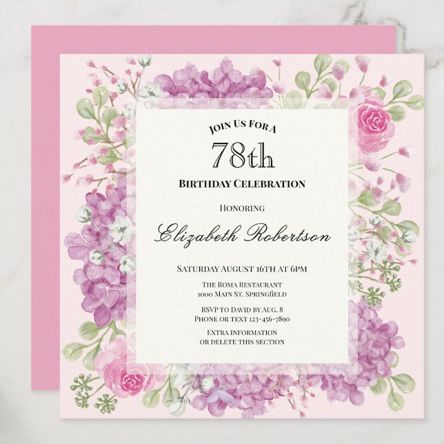 78th Birthday Invitation Elegant Pink Flowers (Creator Uploaded)
