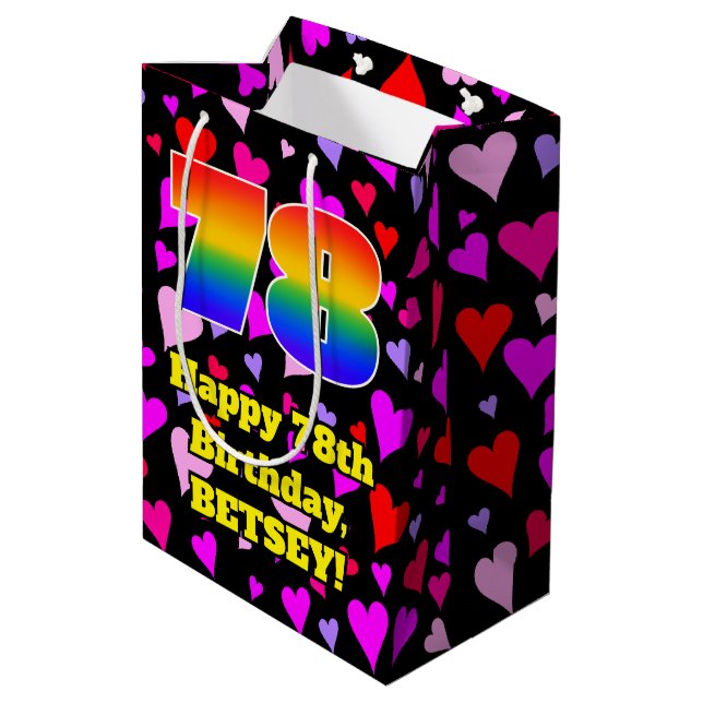 78th Birthday: Loving Hearts Pattern, Rainbow # 78 Medium Gift Bag (Back Angled)