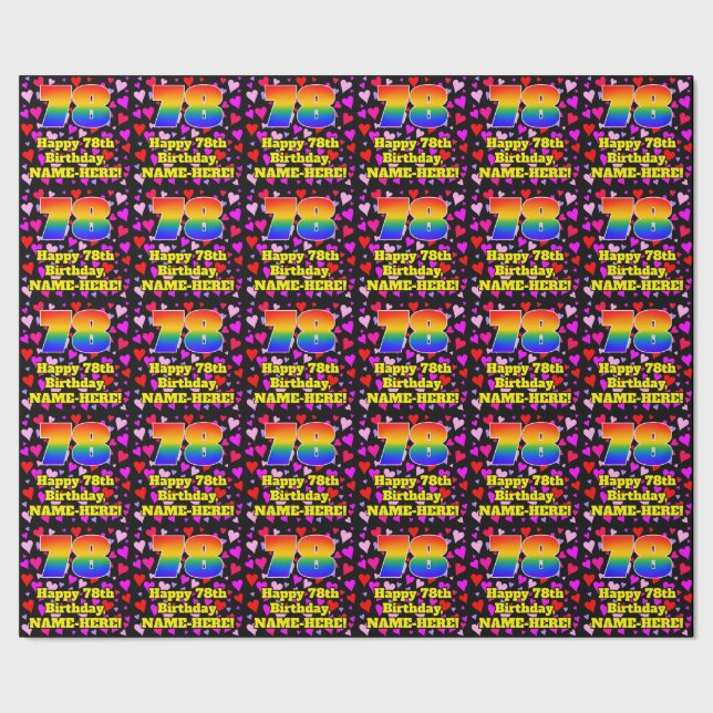 78th Birthday: Loving Hearts Pattern, Rainbow # 78 Wrapping Paper (Seam)