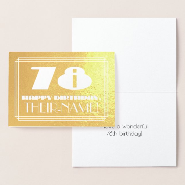 78th Birthday: Name + Art Deco Inspired Look "78" Foil Card (Display)
