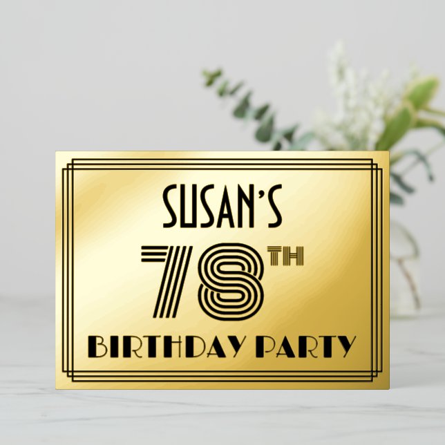 78th Birthday Party — Art Deco Style “78” & Name Foil Invitation (Standing Front)