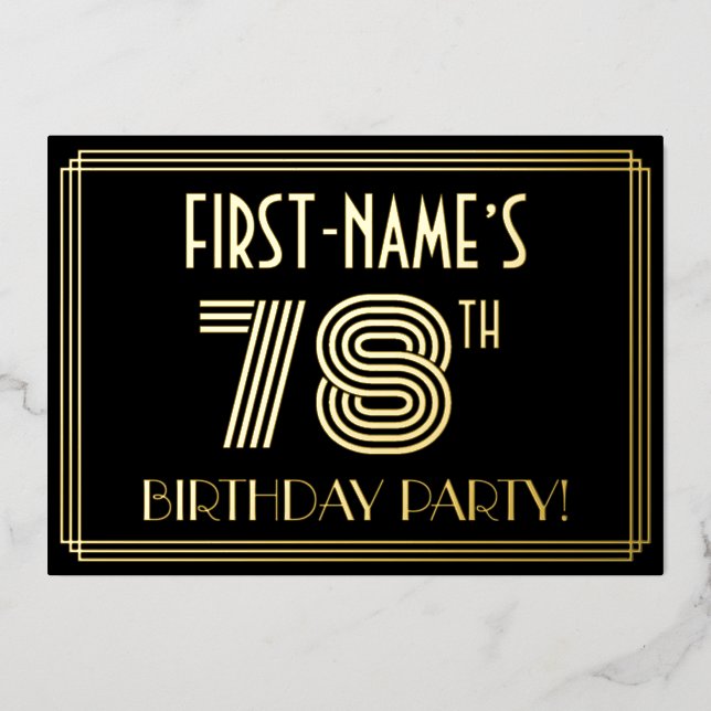 78th Birthday Party — Art Deco Style “78” + Name Foil Invitation (Front)