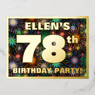 78th Birthday Party: Bold, Colorful Fireworks Look Foil Invitation Postcard