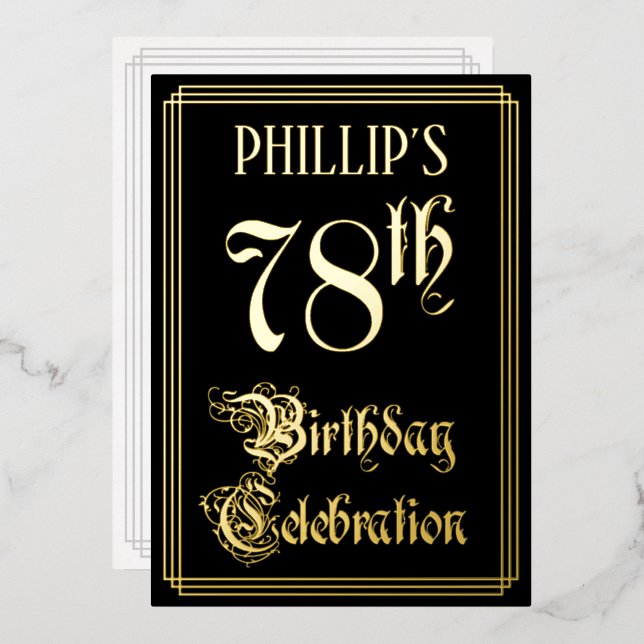 78th Birthday Party — Fancy Script & Custom Name Foil Invitation (Front/Back)