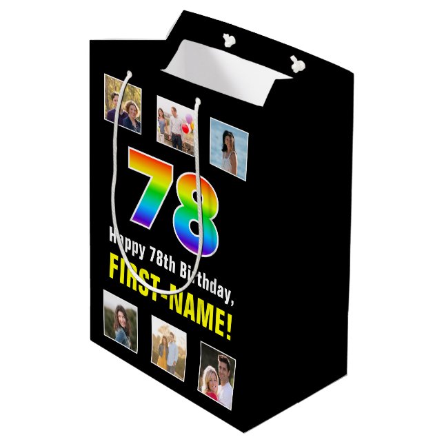 78th Birthday: Rainbow “78“, Custom Photos & Name Medium Gift Bag (Back Angled)