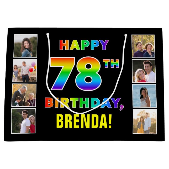 78th Birthday: Rainbow Text, Custom Photos & Name Large Gift Bag (Front)