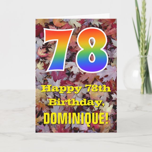 78th Birthday; Rustic Autumn Leaves; Rainbow "78" Card (Front)