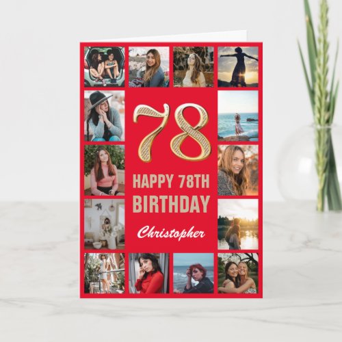 78th Happy Birthday Red and Gold Photo Collage Card