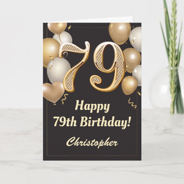79th Birthday Black and Gold Balloons Confetti Card (Front)