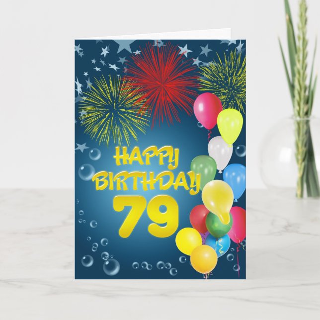 79th Birthday card with fireworks and balloons (Front)