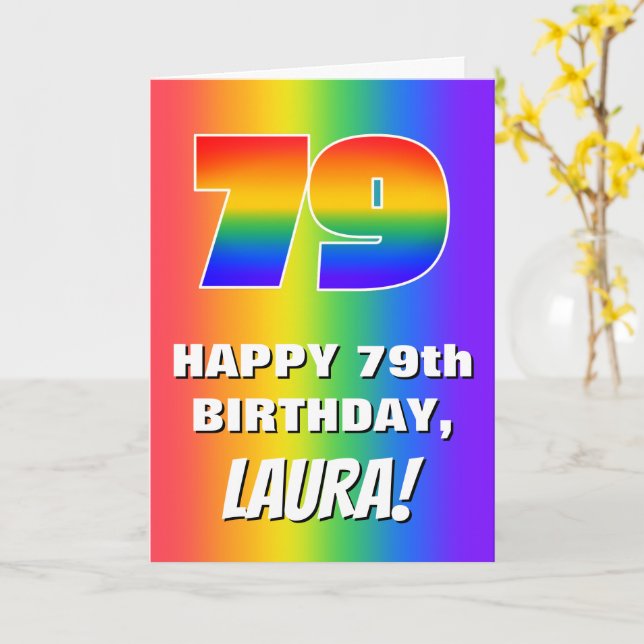 79th Birthday: Colorful, Fun Rainbow Pattern # 79 Card (Yellow Flower)