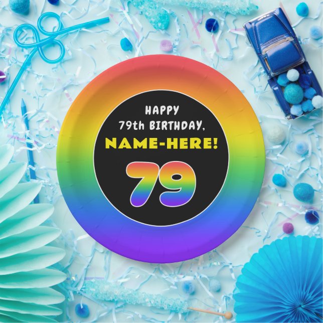 79th Birthday: Colorful Rainbow # 79, Custom Name Paper Plates (Party)