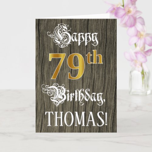 79th Birthday Faux Gold Look  Faux Wood Pattern Card