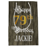 [ Thumbnail: 79th Birthday: Faux Gold Look & Faux Wood Pattern Gift Bag ]