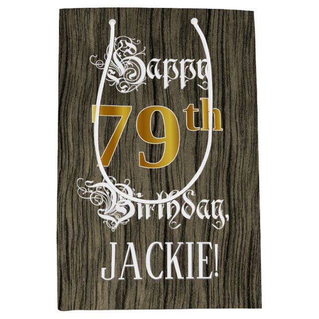 79th Birthday: Faux Gold Look & Faux Wood Pattern Medium Gift Bag (Front)