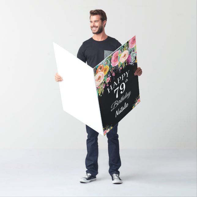 79th Birthday Floral Flowers Black Extra Large Card (In Situ)