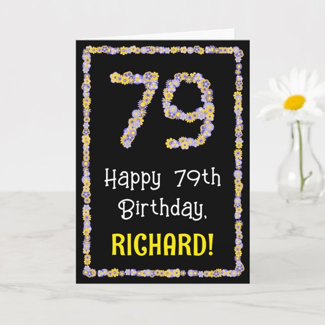 79th Birthday: Floral Flowers Number, Custom Name Card (Small Plant)