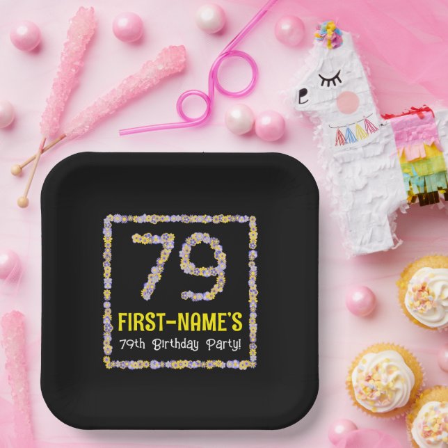 79th Birthday: Floral Flowers Number, Custom Name Paper Plates (Party)