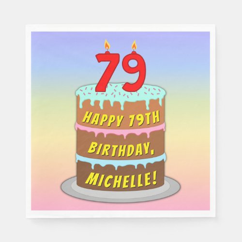 79th Birthday Fun Cake and Candles  Custom Name Napkins