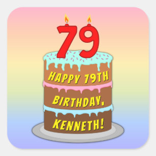79th Birthday: Fun Cake and Candles + Custom Name Square Sticker