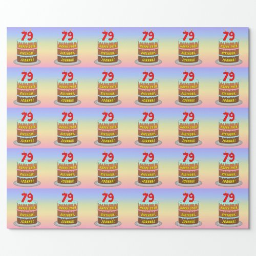 79th Birthday Fun Cake and Candles  Custom Name Wrapping Paper