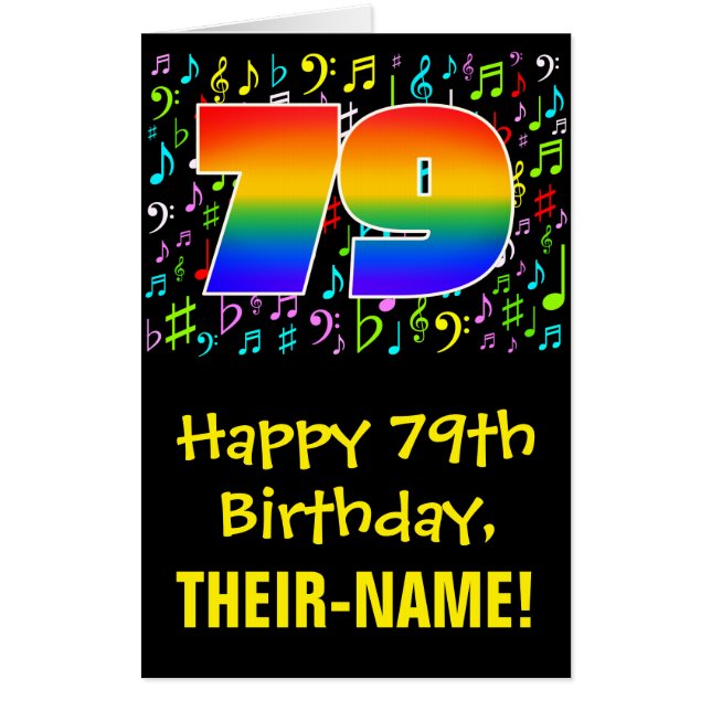 79th Birthday: Fun Music Symbols + Rainbow # 79 Card (Front)