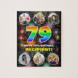 [ Thumbnail: 79th Birthday: Fun Rainbow #, Custom Name + Photos Jigsaw Puzzle ]