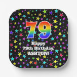 [ Thumbnail: 79th Birthday: Fun Stars Pattern and Rainbow “79” Paper Plates ]