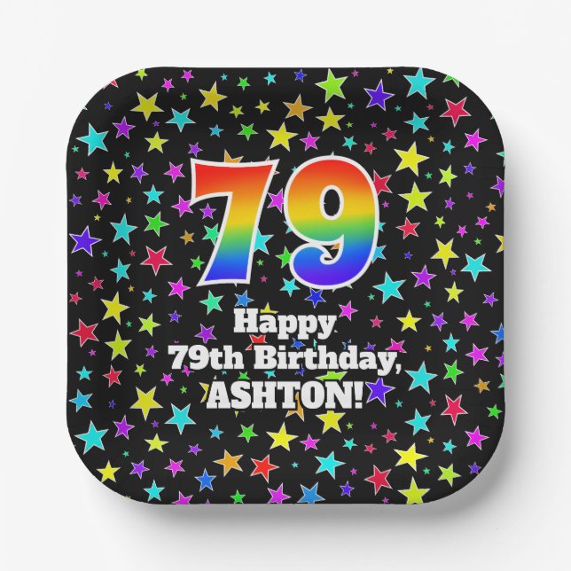 79th Birthday: Fun Stars Pattern and Rainbow “79” Paper Plates (Front)