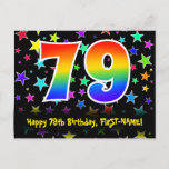 [ Thumbnail: 79th Birthday: Fun Stars Pattern, Rainbow 79, Name Postcard ]