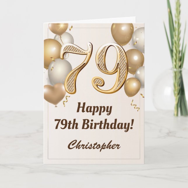 79th Birthday Gold Balloons and Confetti Birthday Card (Front)