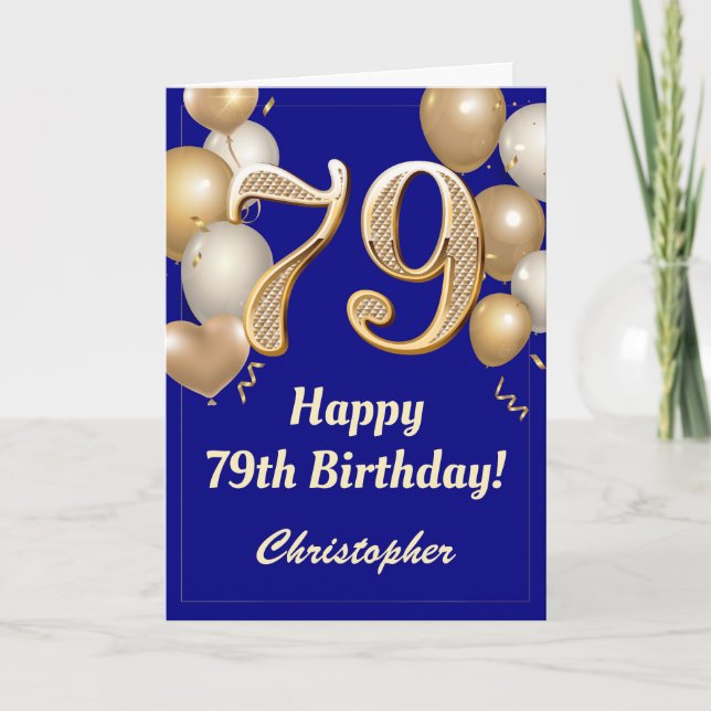 79th Birthday Navy Blue and Gold Balloons Confetti Card (Front)