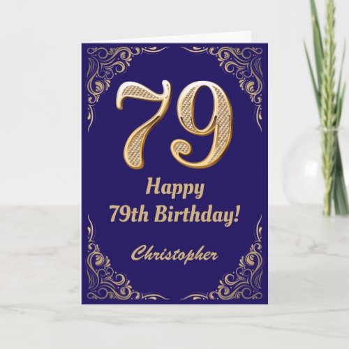 79th Birthday Navy Blue and Gold Glitter Frame Card