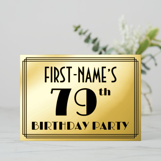 79th Birthday Party — Art Deco Look “79” + Name Foil Invitation (Standing Front)