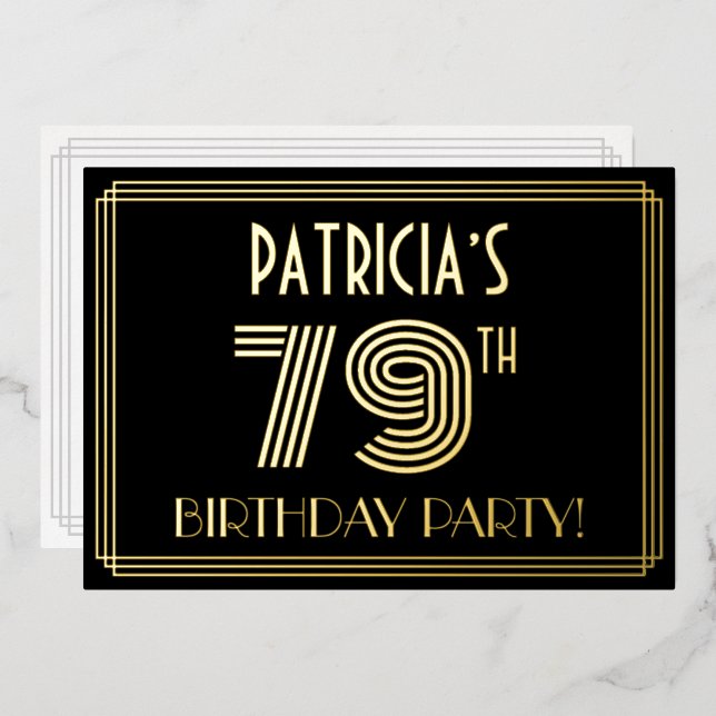 79th Birthday Party — Art Deco Style “79” + Name Foil Invitation (Front/Back)
