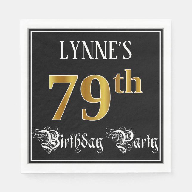 79th Birthday Party — Fancy Script, Faux Gold Look Napkins (Front)