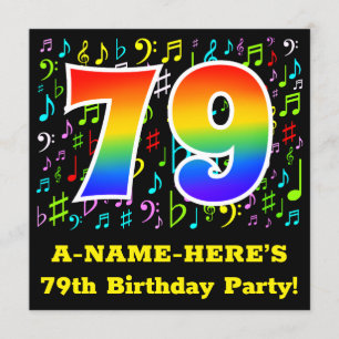 79th Birthday Party: Fun Music Symbols, Rainbow 79 Invitation