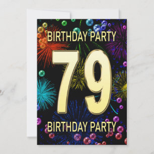 79th Birthday Party Invitation Fireworks Bubbles