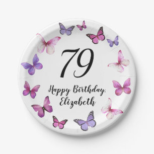 79th Birthday Pink Purple Butterflies Paper Plates